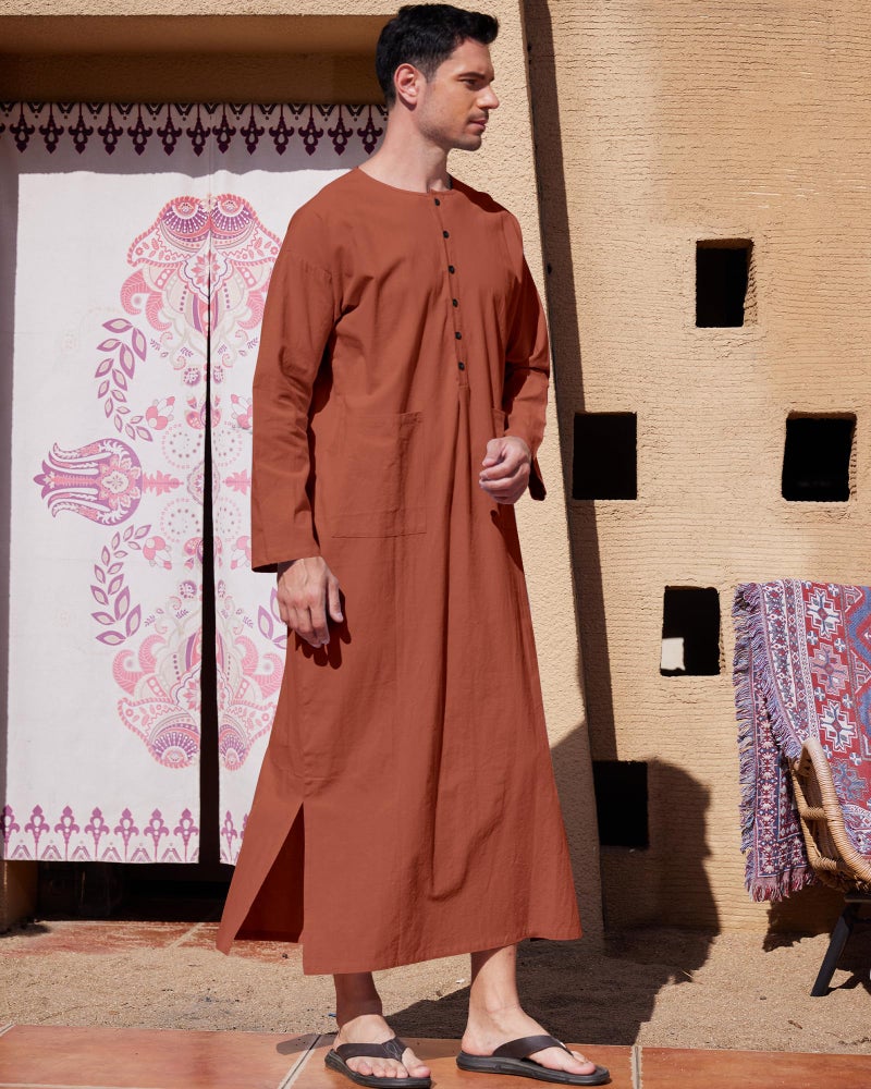 YAOHUOLE Long Sleeve Mens Kaftan Thobe Button Up Arabic Robes for Men Side Split Kaftan Brick Red L - Image 4