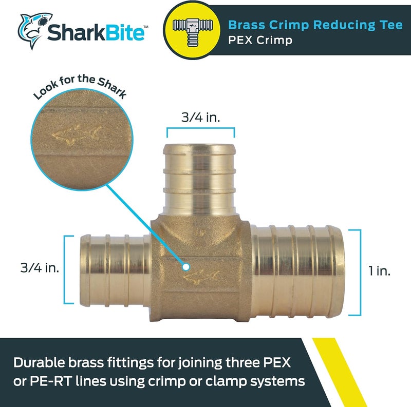 SharkBite Flexible use switching 1 Inch x 3/4 Inch x 3/4 Inch Crimp Reducing Tee, Brass Plumbing Fitting, PEX Pipe, PE-RT, UC414LFA Space saving design picks - Image 2