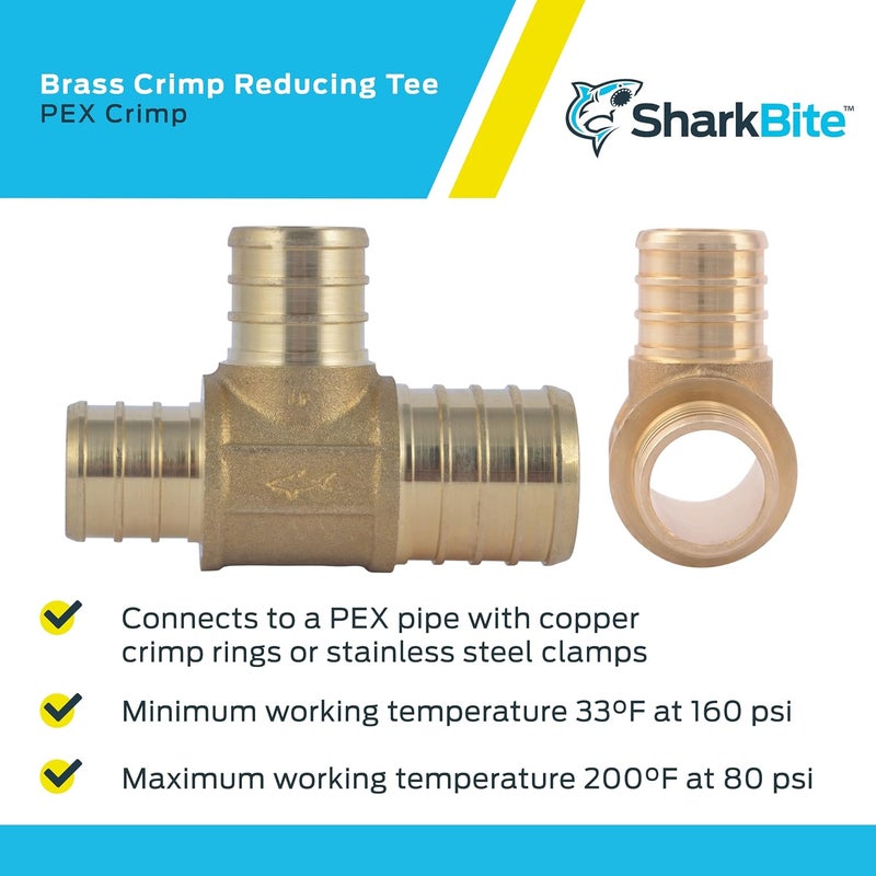 SharkBite Flexible use switching 1 Inch x 3/4 Inch x 3/4 Inch Crimp Reducing Tee, Brass Plumbing Fitting, PEX Pipe, PE-RT, UC414LFA Space saving design picks - Image 4