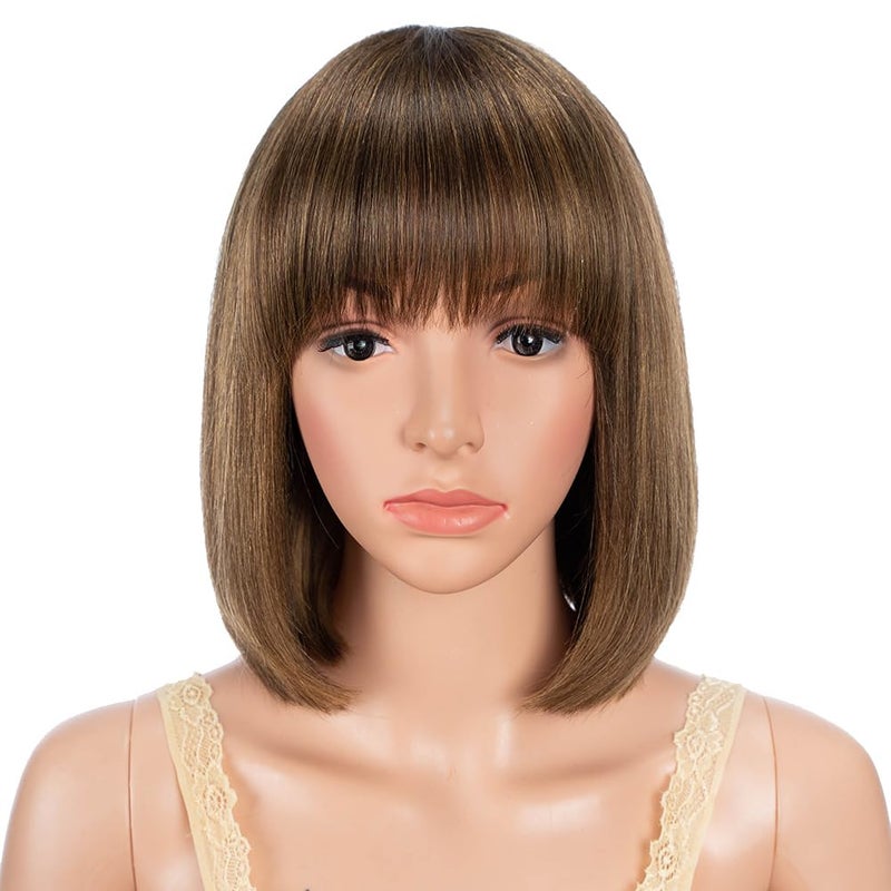 JOEDIR HAIR Straight Short Bob Wig with Bangs Human Hair 10 inch Highlight Brown Bob Wig for Women Brown mixed Honey Blonde Brazilian Virgin Hair Glueless Machine Made Wig