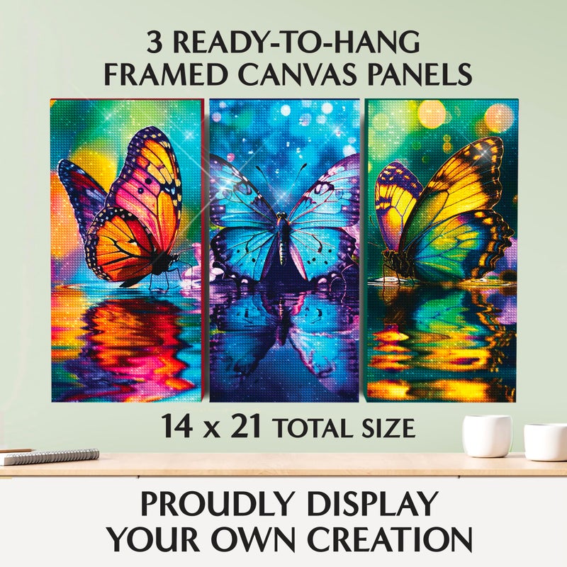 ArtSkills Diamond Painting Kit, Diamond Art Ready to Hang Framed Canvas with Storage and Accessory Kit, Enchanted Butterflies, 3 Stretched Canvas Panels, 14â€ x 7â€ Each - Image 4