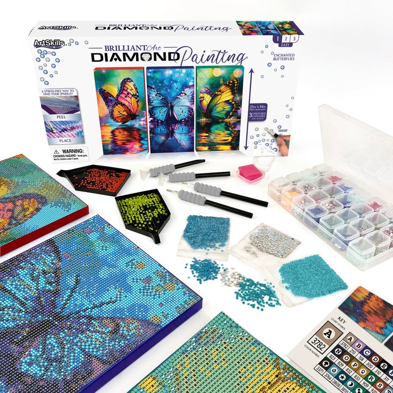 ArtSkills Diamond Painting Kit, Diamond Art Ready to Hang Framed Canvas with Storage and Accessory Kit, Enchanted Butterflies, 3 Stretched Canvas Panels, 14â€ x 7â€ Each - Image 1