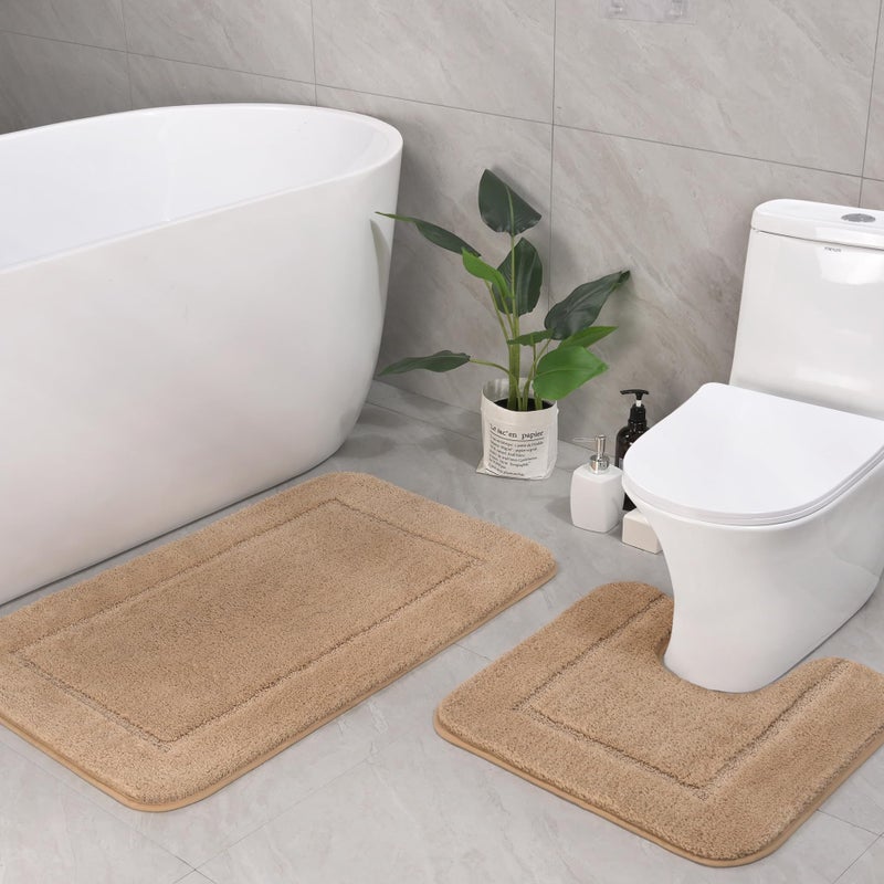 LOCHAS Bathroom Mat Set Beige Soft Bath Rug Set 2 Piece Set Toilet Mat U Shape Bathroom Rugs 20x20 and 34x20cm, Quick Dry Mats for Bathroom, Bath, Washable, Super Absorbent - Image 1