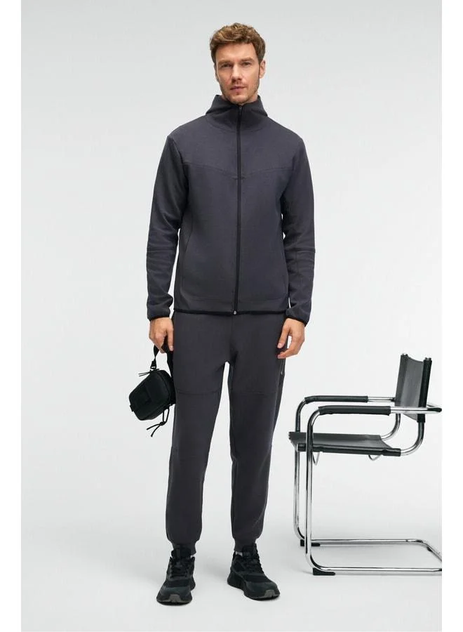 GRIMELANGE GELIDO Men's Elastic Waist Cuffed Leg Corded Karyoka Stitch Printed Anthracite Sweatpants.