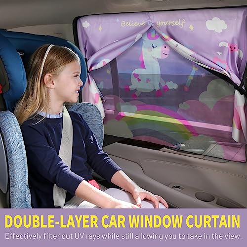 DIZA100 Car Window Shades, 2 PCS Magnetic Double Layer Car Sun Shade for Side Windows Privacy Full Covers/Half Shade Options Unicorn Patterns Car Window Curtains for Baby Protection - Image 3
