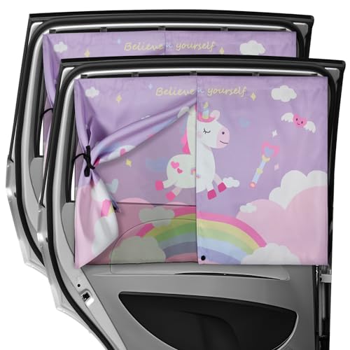 DIZA100 Car Window Shades, 2 PCS Magnetic Double Layer Car Sun Shade for Side Windows Privacy Full Covers/Half Shade Options Unicorn Patterns Car Window Curtains for Baby Protection - Image 1