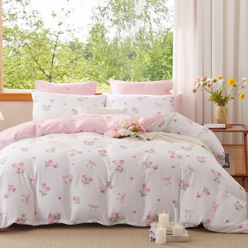 Erwinmu Floral Comforter Set Queen Size - 3 Pieces Pink White Floral Tulips Bow Comforter Bedding Sets Reversible Pattern,Queen Bed in a Bag with Flowers Comforter and 2 Pillowcases - Image 1
