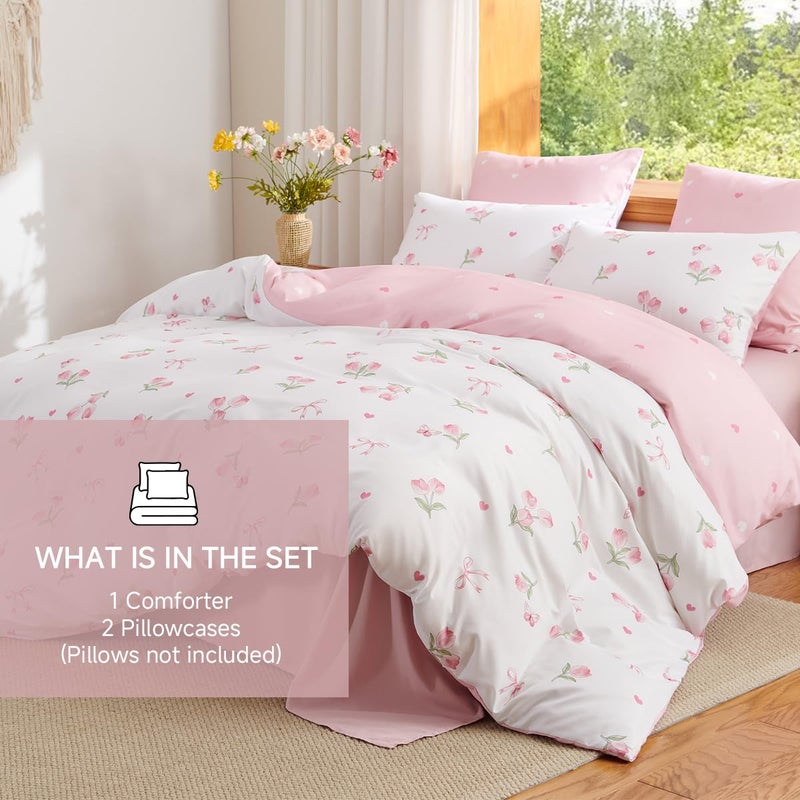 Erwinmu Floral Comforter Set Queen Size - 3 Pieces Pink White Floral Tulips Bow Comforter Bedding Sets Reversible Pattern,Queen Bed in a Bag with Flowers Comforter and 2 Pillowcases - Image 4