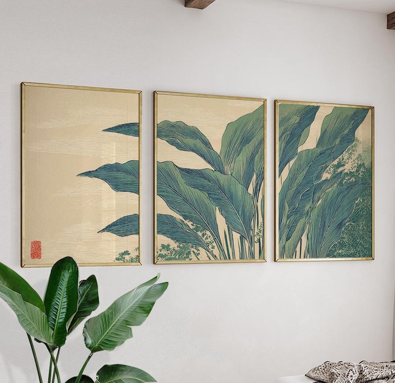 TNESSENTIAL Japanese Botanical Poster Set | Minimalist Blue Leaf Triptych Wall Art | Asian Nature Decor - Image 1