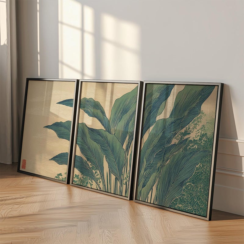 TNESSENTIAL Japanese Botanical Poster Set | Minimalist Blue Leaf Triptych Wall Art | Asian Nature Decor - Image 4