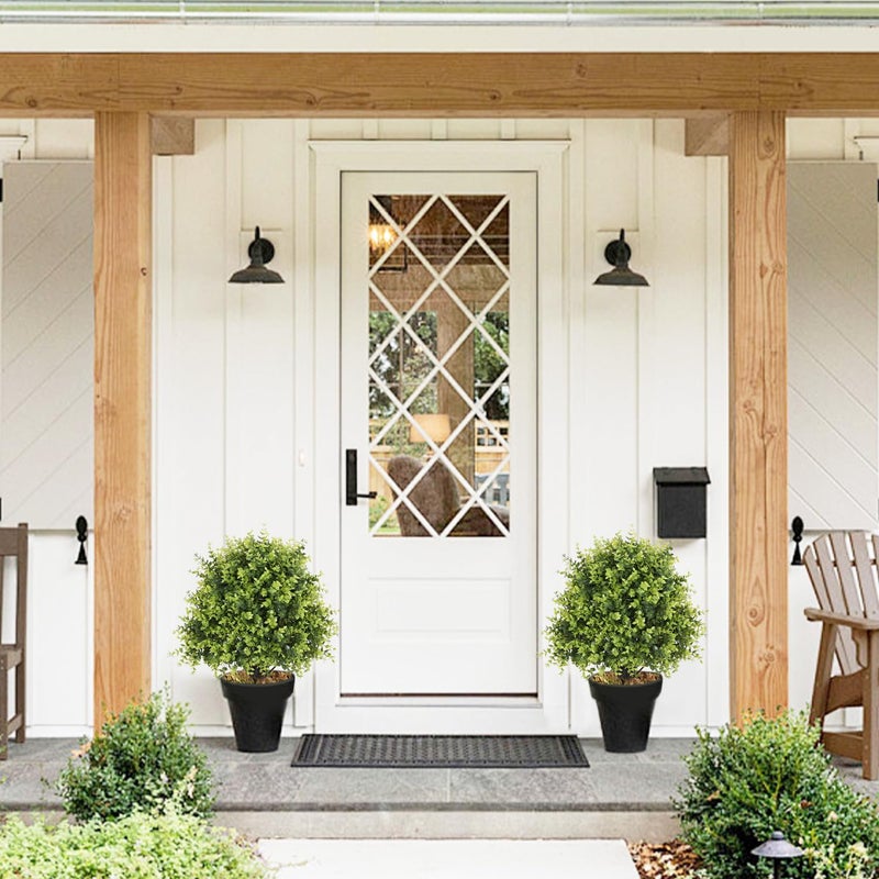 THE BLOOM TIMES 24" Faux Boxwood Plants Outdoor, Artificial Topiary Ball Trees Set of 2, UV Resistant Fake Potted Evergreen Realistic Greenery Bushes Shrubs for Outside Front Porch Planter Patio Indoor Decor 2ft Tall - Image 3