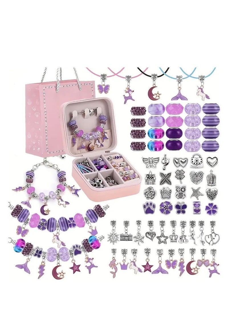 Capstro 68PCS Charm Bracelet Making Kit for Girls – DIY Jewelry Kit with Snake Chain Bracelets, Charms & Gift Box – Perfect Birthday, Christmas, Ramadan & Eid Gift for Kids Ages 6-12 (Purple) - Image 1