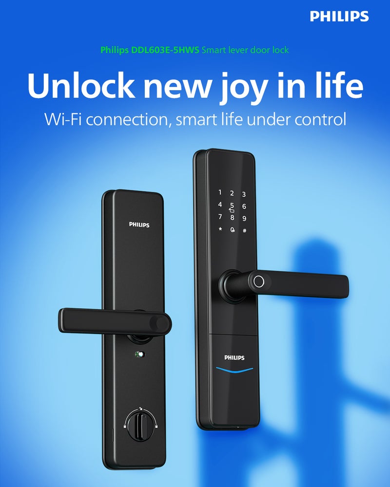 Philips DDL603E-5HWS Smart Lock with Wi-Fi, EasyKey App Control, Fingerprint, RFID, PIN Code, Mechanical Key, Temporary PINs, Semiconductor Fingerprint Unlock (≤0.5s Recognition), Safe Handle Mode Black - Image 1