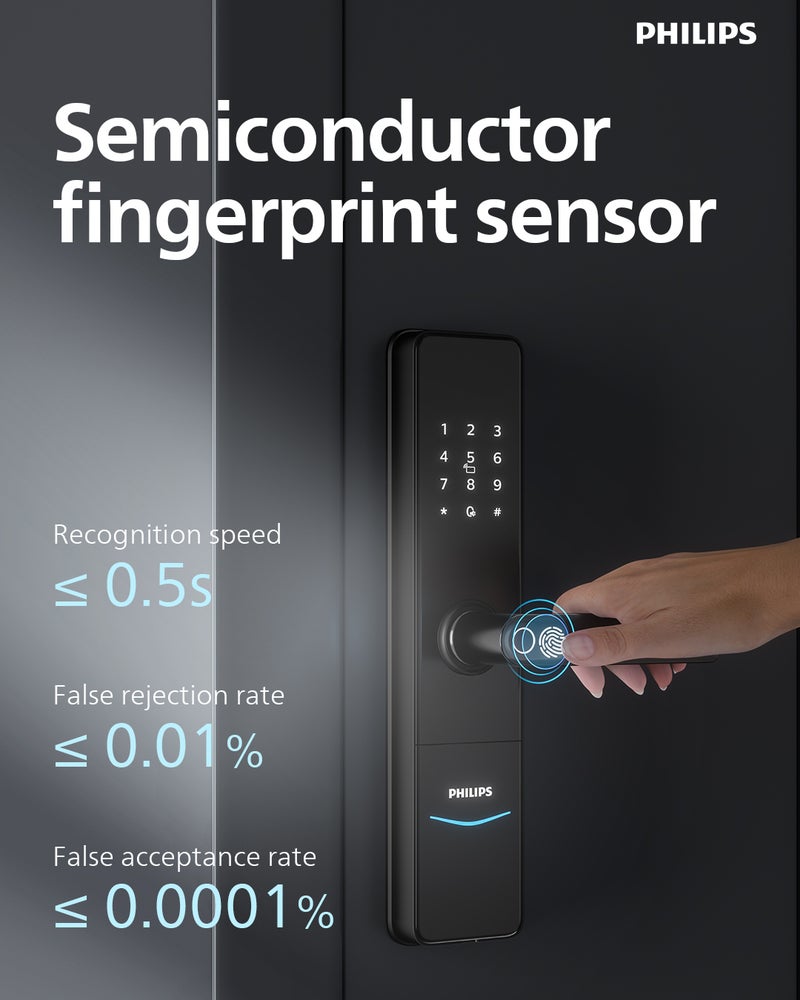 Philips DDL603E-5HWS Smart Lock with Wi-Fi, EasyKey App Control, Fingerprint, RFID, PIN Code, Mechanical Key, Temporary PINs, Semiconductor Fingerprint Unlock (≤0.5s Recognition), Safe Handle Mode Black - Image 3