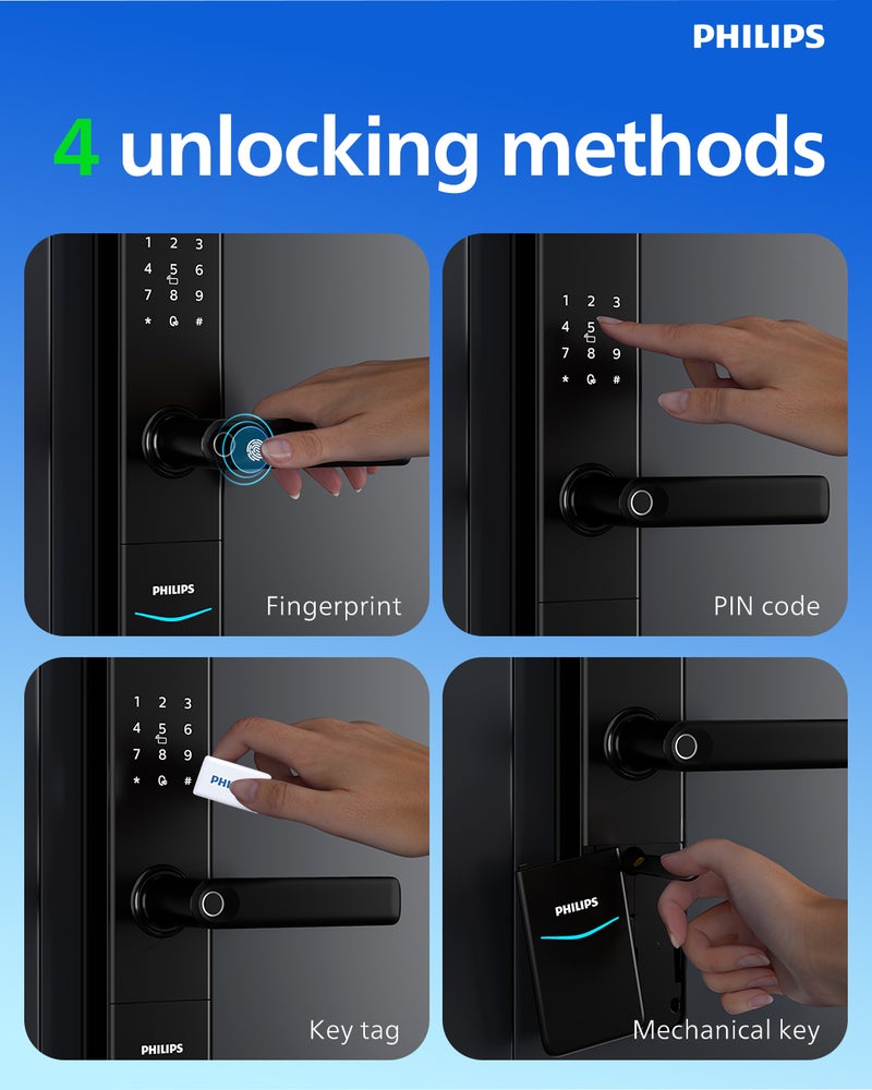 Philips DDL603E-5HWS Smart Lock with Wi-Fi, EasyKey App Control, Fingerprint, RFID, PIN Code, Mechanical Key, Temporary PINs, Semiconductor Fingerprint Unlock (≤0.5s Recognition), Safe Handle Mode Black - Image 2