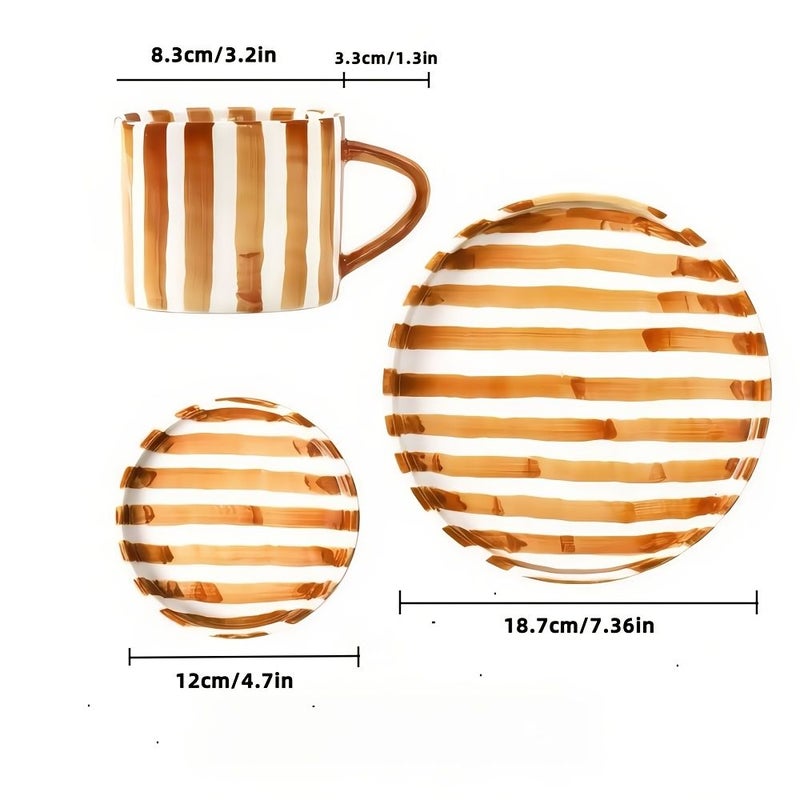 3pcs Ceramic Cup Saucer And Plate Set European Style Striped Blue Coffee Cup Saucer Plate For Latte Mocha Tea Coffee Coaster Plate Mug Cake - Image 3