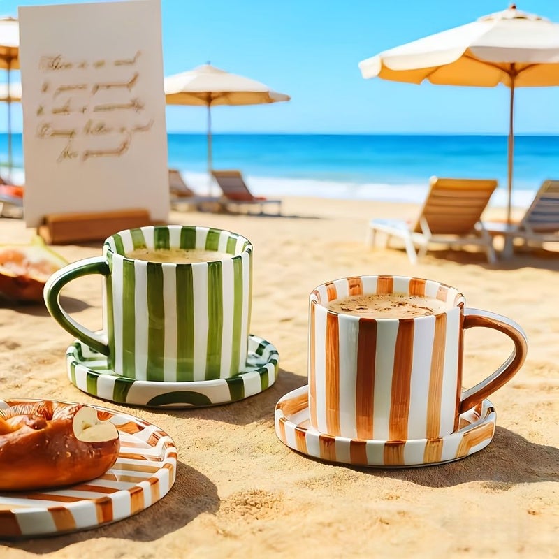 3pcs Ceramic Cup Saucer And Plate Set European Style Striped Blue Coffee Cup Saucer Plate For Latte Mocha Tea Coffee Coaster Plate Mug Cake - Image 5