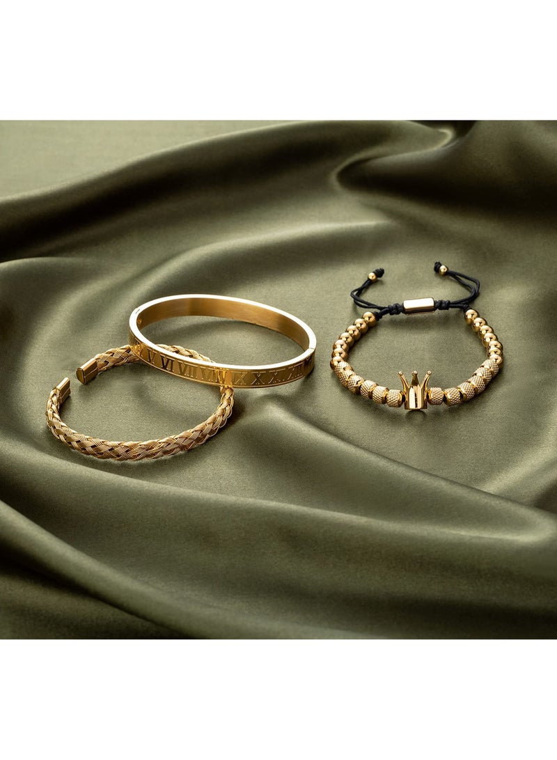 Zikra Stainless Steel Imperial Crown Bracelet Set for Men, Featuring Roman Numeral Bangle, Twisted Cable and Adjustable Cuff, Tarnish Resistant, Ideal for Formal and Casual Wear Perfect Gift (Gold-Crown) - Image 4