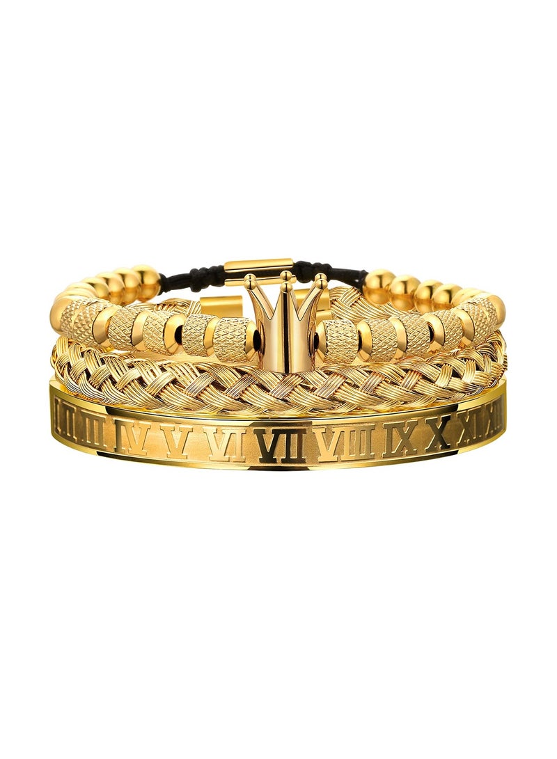 Zikra Stainless Steel Imperial Crown Bracelet Set for Men, Featuring Roman Numeral Bangle, Twisted Cable and Adjustable Cuff, Tarnish Resistant, Ideal for Formal and Casual Wear Perfect Gift (Gold-Crown) - Image 1