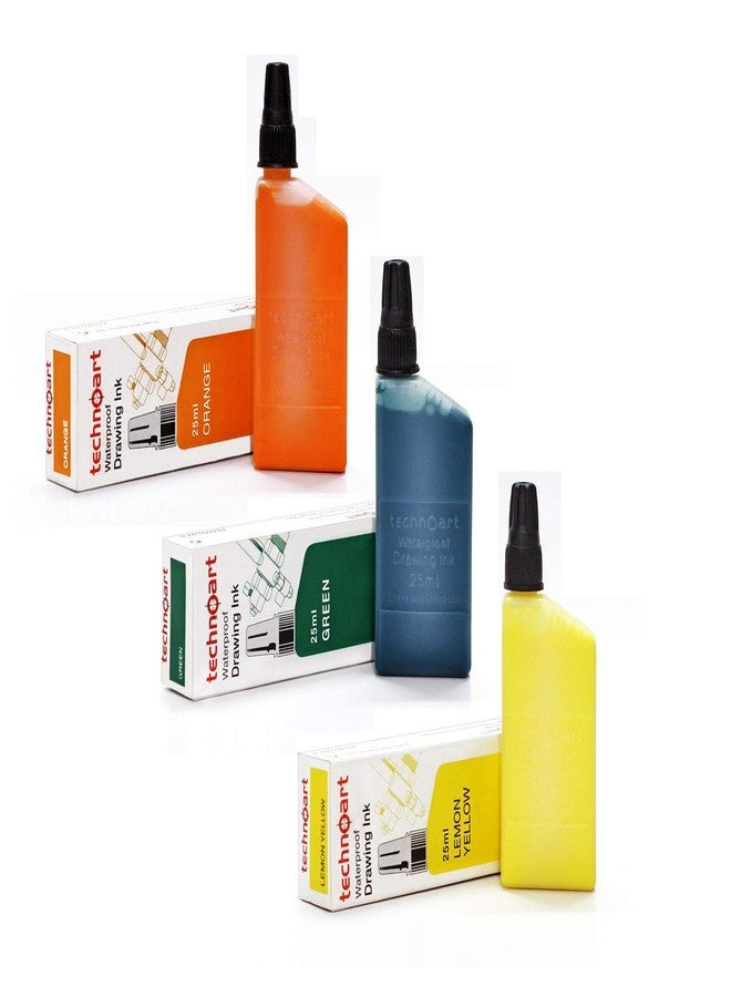 Isomars Technoart Technical Drawing Pen Ink Set of 3 - Orange, Green, Lemon Yellow - Image 1