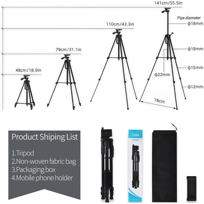 Tripod 55inch/140cm, Foldable Aluminum Lightweight Phone Camera Tripod Stand, Phone Holder and Bag for Travel Video Photography/Live Stream/Video Recording/Photo, with Carry Bag - Image 2