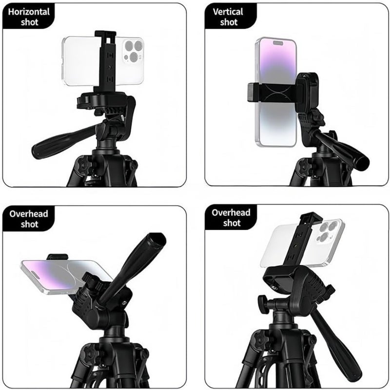 Tripod 55inch/140cm, Foldable Aluminum Lightweight Phone Camera Tripod Stand, Phone Holder and Bag for Travel Video Photography/Live Stream/Video Recording/Photo, with Carry Bag - Image 3