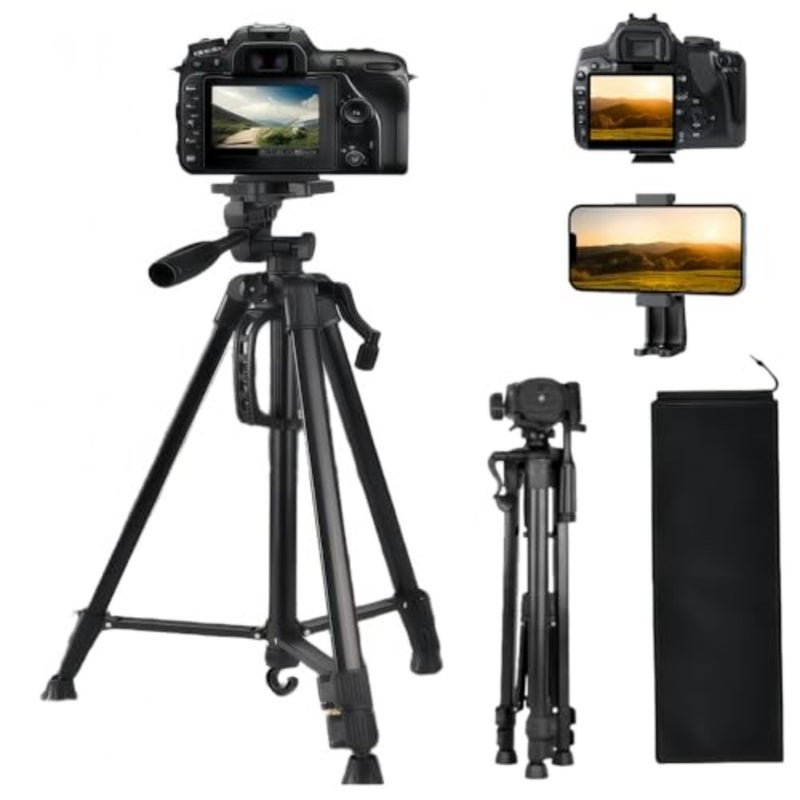 Tripod 55inch/140cm, Foldable Aluminum Lightweight Phone Camera Tripod Stand, Phone Holder and Bag for Travel Video Photography/Live Stream/Video Recording/Photo, with Carry Bag - Image 1