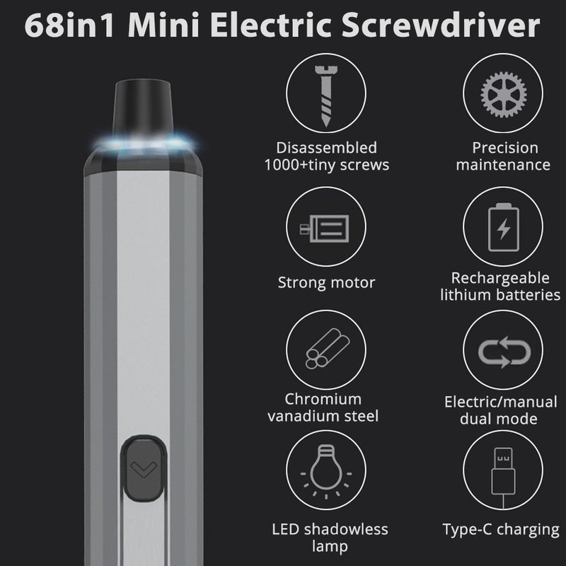 68in1 Mini Electric Screwdriver Precision Electric Screwdriver Magnetic Storage Precision Maintenance/CR-V Steel/Type-C Charging/LED Shadowless Light - Image 5