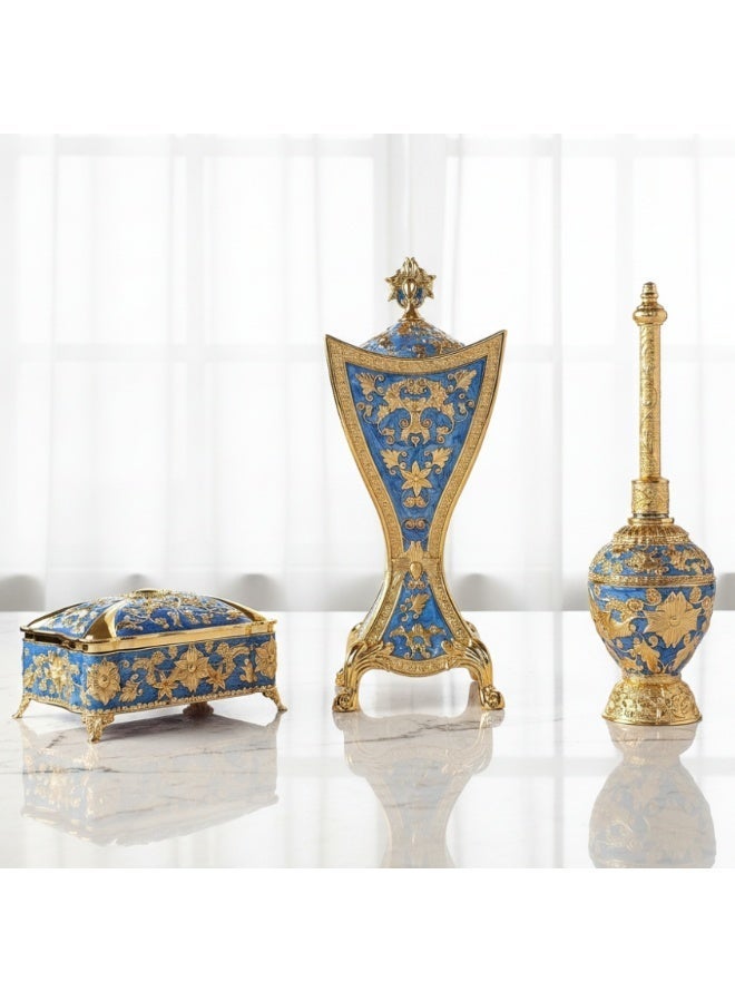 SOBHYS Luxury Arabic Incense Burner and Perfume Set, Royal Blue and Gold, Zinc Alloy with Enamel, 3-Piece, Mabkhara, Meresh & Box (3, Royal Blue and Gold, Piece, Mabkhara, Meresh and Velvet-Lined Box) - Image 1