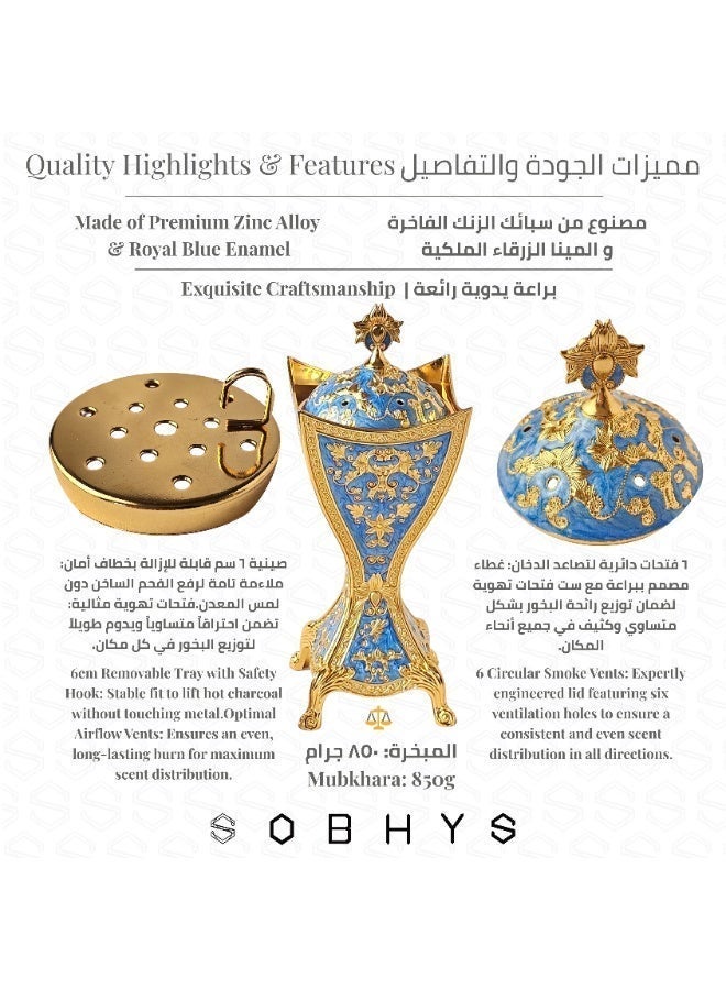 SOBHYS Luxury Arabic Incense Burner and Perfume Set, Royal Blue and Gold, Zinc Alloy with Enamel, 3-Piece, Mabkhara, Meresh & Box (3, Royal Blue and Gold, Piece, Mabkhara, Meresh and Velvet-Lined Box) - Image 3