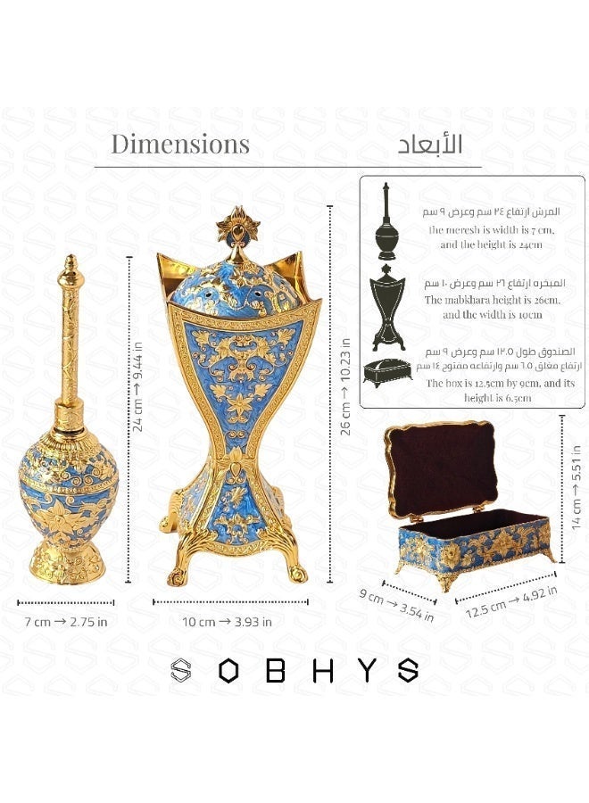 SOBHYS Luxury Arabic Incense Burner and Perfume Set, Royal Blue and Gold, Zinc Alloy with Enamel, 3-Piece, Mabkhara, Meresh & Box (3, Royal Blue and Gold, Piece, Mabkhara, Meresh and Velvet-Lined Box) - Image 2