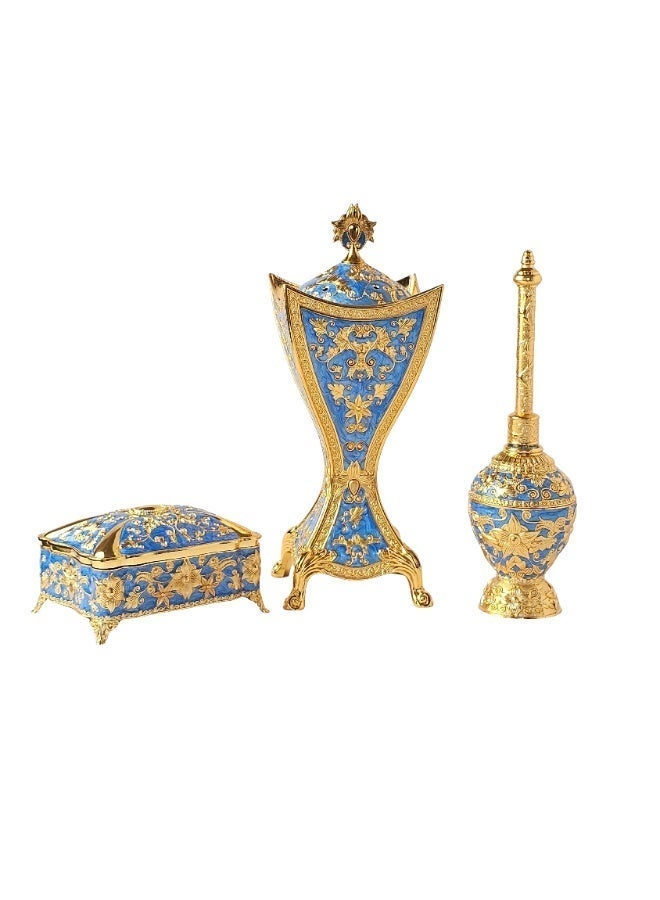 SOBHYS Luxury Arabic Incense Burner and Perfume Set, Royal Blue and Gold, Zinc Alloy with Enamel, 3-Piece, Mabkhara, Meresh & Box (3, Royal Blue and Gold, Piece, Mabkhara, Meresh and Velvet-Lined Box) - Image 4