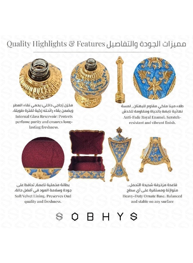 SOBHYS Luxury Arabic Incense Burner and Perfume Set, Royal Blue and Gold, Zinc Alloy with Enamel, 3-Piece, Mabkhara, Meresh & Box (3, Royal Blue and Gold, Piece, Mabkhara, Meresh and Velvet-Lined Box) - Image 5