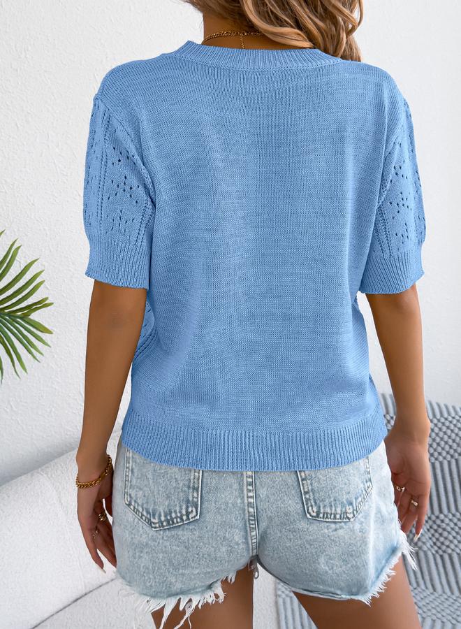 Take Two Blue Short Sleeve Pointelle Knit Top - Image 4