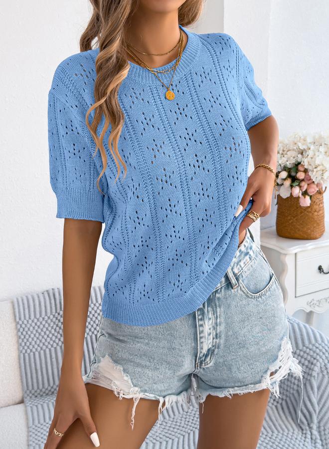 Take Two Blue Short Sleeve Pointelle Knit Top - Image 5