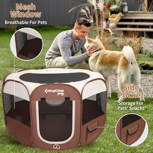 KingCamp Dog Playpen, Portable Foldable Cat Kitten Puppy Tent Crates 29"/36"/50" Pop Up Pet Playpen with Zippered Bottom & Cover for Indoor Outdoor Use (Small, Khaki) - Image 2