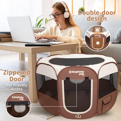 KingCamp Dog Playpen, Portable Foldable Cat Kitten Puppy Tent Crates 29"/36"/50" Pop Up Pet Playpen with Zippered Bottom & Cover for Indoor Outdoor Use (Small, Khaki) - Image 3