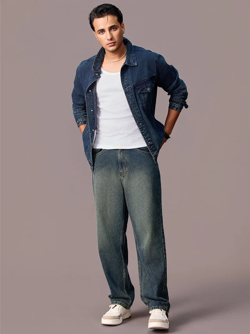 أوربانو فاشن جينز رجالي أوربانو أزرق فضفاض واسع ثقيل مغسول غير قابل للتمدد