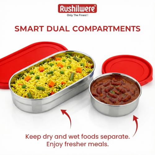 RUSHIL WERE Oval Lunch Box Steel for Office & School Use | Leak Proof | Easy to Clean | with Side Locks | Stainless Steel l Durable | Easy to Carry | 925 ml | Red - Image 3