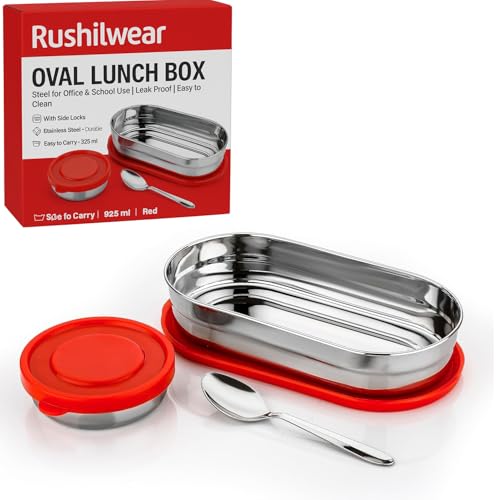 RUSHIL WERE Oval Lunch Box Steel for Office & School Use | Leak Proof | Easy to Clean | with Side Locks | Stainless Steel l Durable | Easy to Carry | 925 ml | Red - Image 1