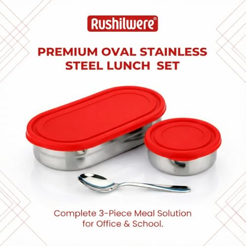 RUSHIL WERE Oval Lunch Box Steel for Office & School Use | Leak Proof | Easy to Clean | with Side Locks | Stainless Steel l Durable | Easy to Carry | 925 ml | Red - Image 4