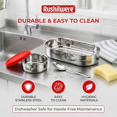 RUSHIL WERE Oval Lunch Box Steel for Office & School Use | Leak Proof | Easy to Clean | with Side Locks | Stainless Steel l Durable | Easy to Carry | 925 ml | Red - Image 2