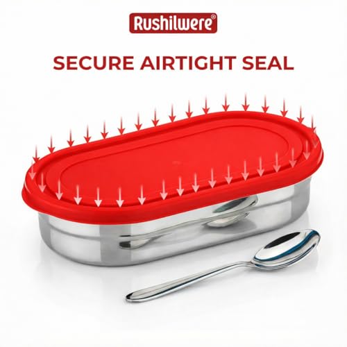 RUSHIL WERE Oval Lunch Box Steel for Office & School Use | Leak Proof | Easy to Clean | with Side Locks | Stainless Steel l Durable | Easy to Carry | 925 ml | Red - Image 5