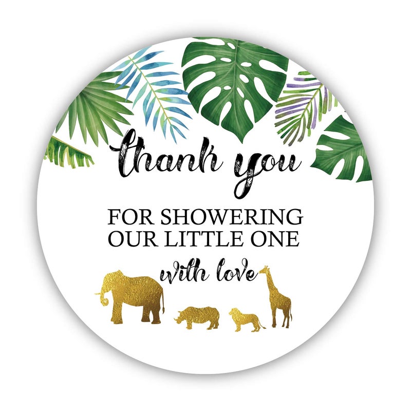 Ergonflow 50 Jungle Gold Baby Shower Stickers, Thank You for Showering Our Baby with Love Stickers, Baby Shower Favors for Boy or Girl, Baby Shower Favor Labels for Birthday Party, 2 Inches - Image 1
