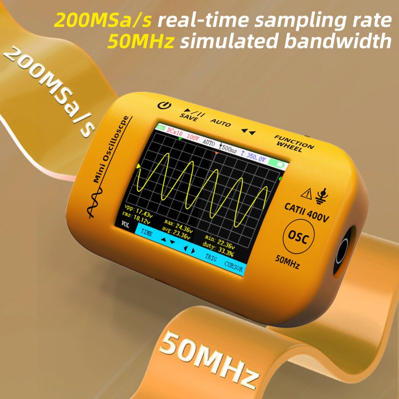 Oscilloscope 10.8*6.95*3.3cm Yellow High-performance 200MS/s Sampling 50MHz Bandwidth Handheld Tester - 2.8" HD LCD 1800mAh Rechargeable Battery Portable Device for Automotive Repair DIY Projects Rese - Image 4