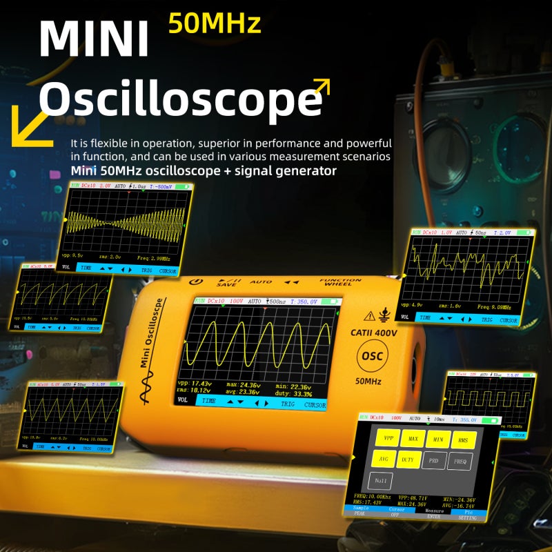 Oscilloscope 10.8*6.95*3.3cm Yellow High-performance 200MS/s Sampling 50MHz Bandwidth Handheld Tester - 2.8" HD LCD 1800mAh Rechargeable Battery Portable Device for Automotive Repair DIY Projects Rese - Image 3