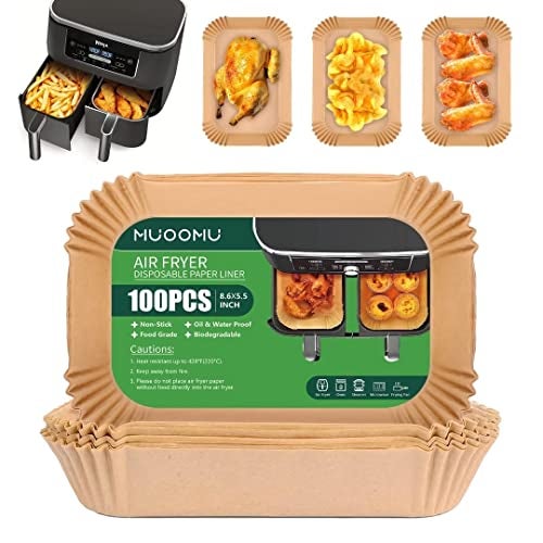 MUOOMU Air Fryer Disposable Paper Liners for Ninja Dual Airfryer Accessories, Non-Stick Parchment Rectangular for Baking, Oil Proof, Water Proof, for Microwave Oven (100PCS, 8.6in x 5.5in) - Image 1