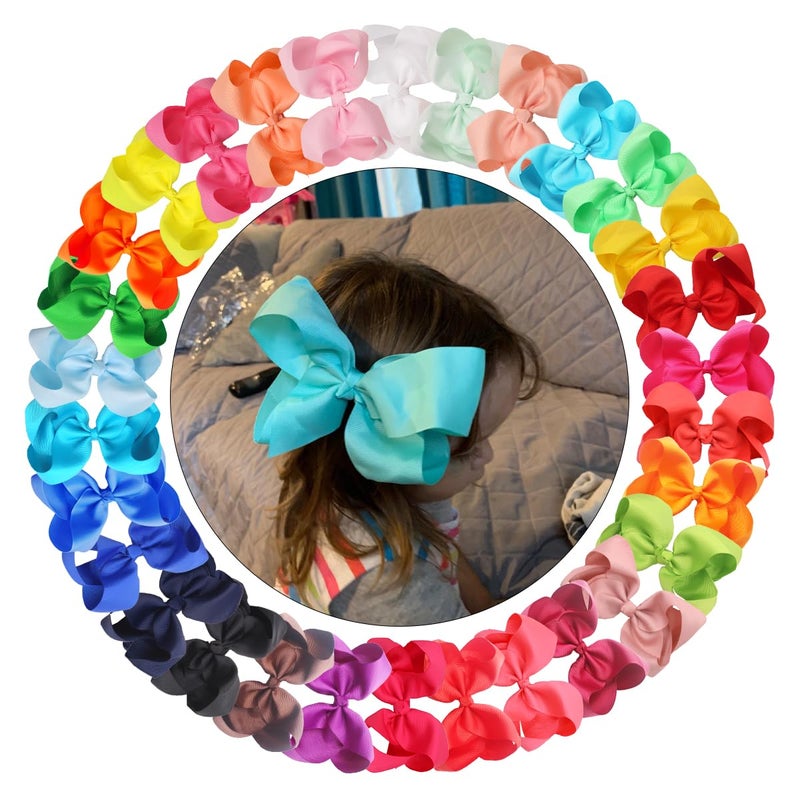 CLLOT 30 Pieces 6 Inch Hair Bows for Girls Clips Grosgrain Ribbon Boutique Hair Bow Alligator Clips For Girls Teens Toddlers Kids