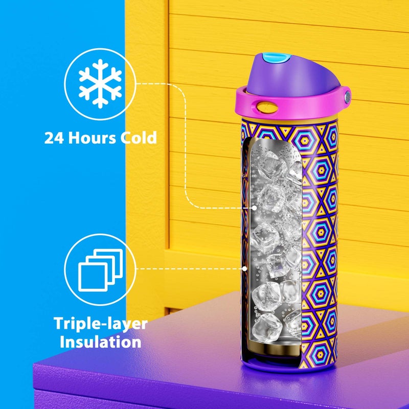 Meoky 24 oz Insulated Water Bottle for Women: Meoky Stainless Steel Water Bottle with Holder and Shoulder Strap - Leak Proof, Cold for 24 Hours, Protective Silicone Base, BPA-Free for Travel Gym, Neon Beat - Image 4