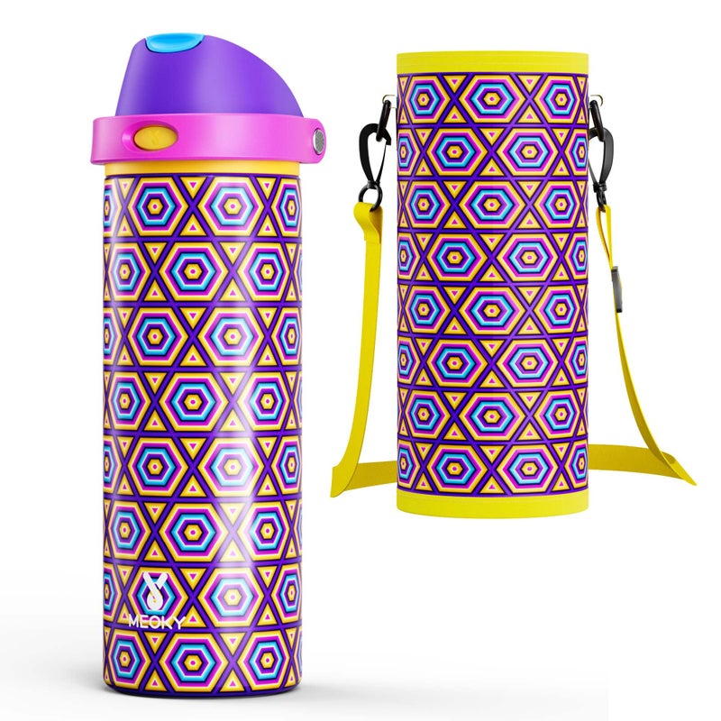 Meoky 24 oz Insulated Water Bottle for Women: Meoky Stainless Steel Water Bottle with Holder and Shoulder Strap - Leak Proof, Cold for 24 Hours, Protective Silicone Base, BPA-Free for Travel Gym, Neon Beat - Image 1